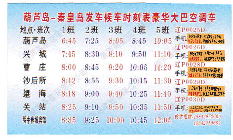 葫芦岛到秦皇岛名片正面_cninr 葫芦岛到秦皇岛长途客车在葫芦岛汽车站始发,目的到秦皇岛汽车,葫芦岛到秦皇岛汽车途经地点及葫芦岛到秦皇岛发车时间,葫芦岛到秦皇岛承揽团体大巴租赁包车,可 以通过秦皇岛到葫芦岛汽车随车电话联系业务。 从葫芦岛发往秦皇岛班车途经及时间: 始发站: