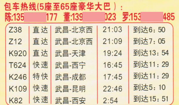 项城到武汉名片正面