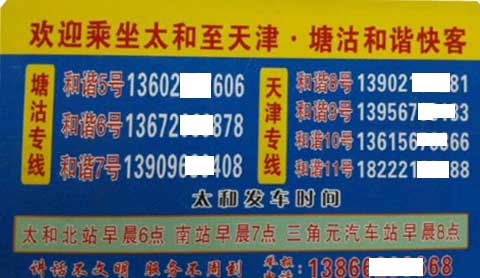 太和到天津塘沽名片正面